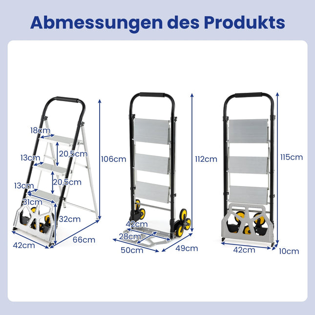 2-in-1 Folding Cart & Ladder, Aluminum, 3-Step, 250kg Capacity