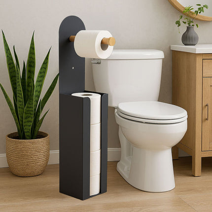 2-in-1 Freestanding Toilet Roll Holder, Bamboo & Metal