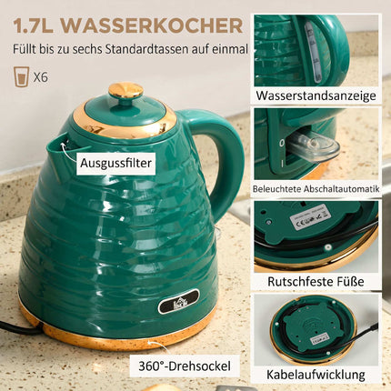 2-in-1 Green Toaster & Kettle Set, 7 Browning Levels