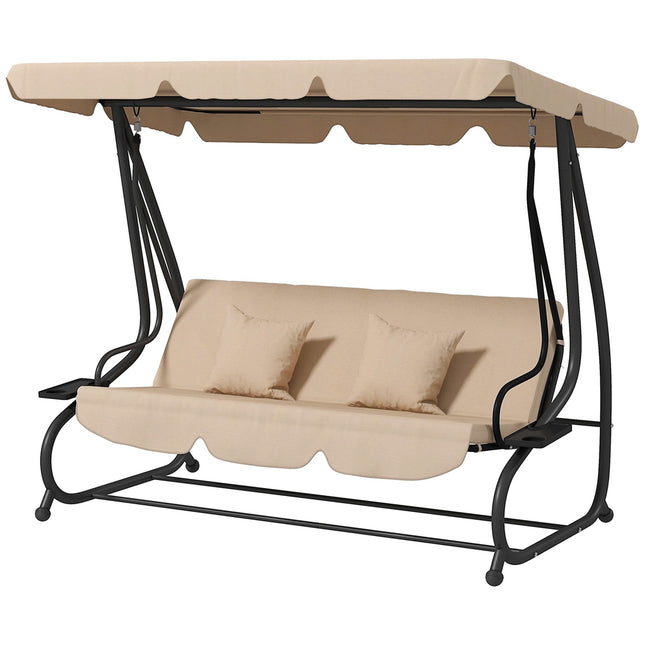 Recumbent 3-seat garden swing with canopy, brown