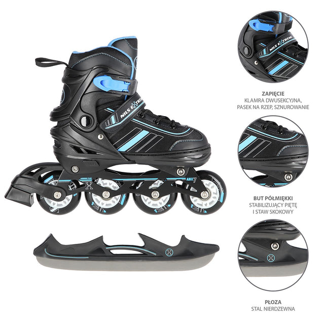 2-in-1 Inline & Ice Skates, Black/Blue, Size M (34-38)