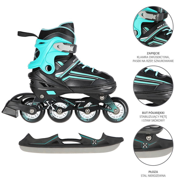 2-in-1 Inline & Ice Skates, Black/Blue, Size S (29-33)