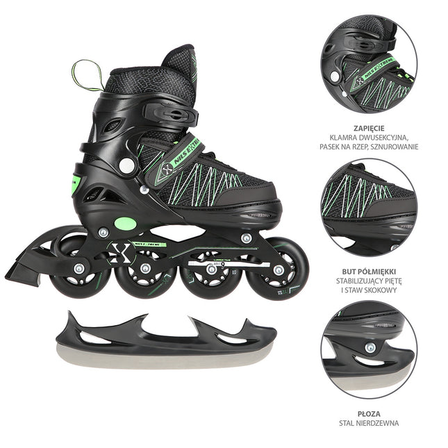 2-in-1 Inline & Ice Skates, Black/Green, Size M (35-38)