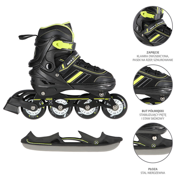 2-in-1 Inline & Ice Skates, Black/Lime, Size L (39-43)