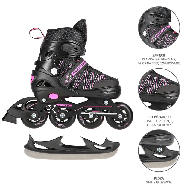 2-in-1 Inline & Ice Skates, Black/Pink, Size S (31-34)
