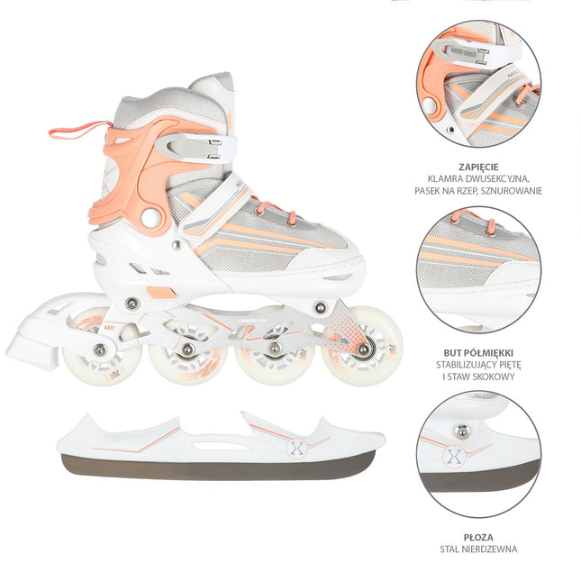 2-in-1 Inline & Ice Skates, White/Pink, Size M (34-38)