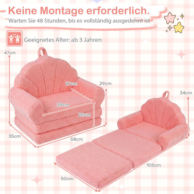 2-in-1 Kids Sofa Bed, Pink Teddy Fabric, Foldable