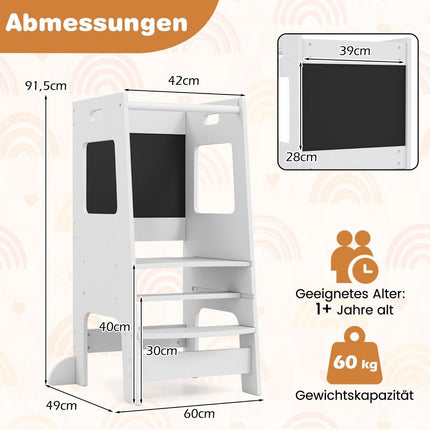 2 in 1 Kitchen Helper Learning Tower with 3 Adjustable Heights &amp; Chalkboard Step Stool Learning Chair White