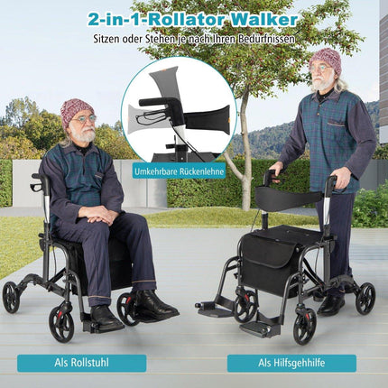 2-in-1 Lightweight Rollator & Wheelchair, Adjustable Height