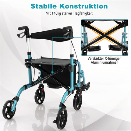 2-in-1 Lightweight Rollator & Wheelchair, Height Adjustable