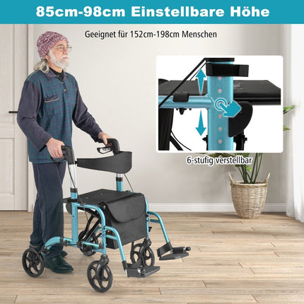 2-in-1 Lightweight Rollator & Wheelchair, Height Adjustable
