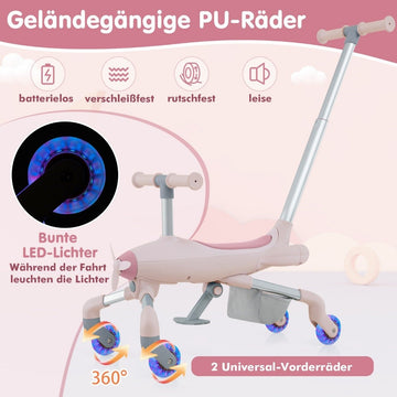 2-in-1 Push Car for Kids Airplane Motif Push Car with LED Illuminated Wheels Portable up to 50kg Pink