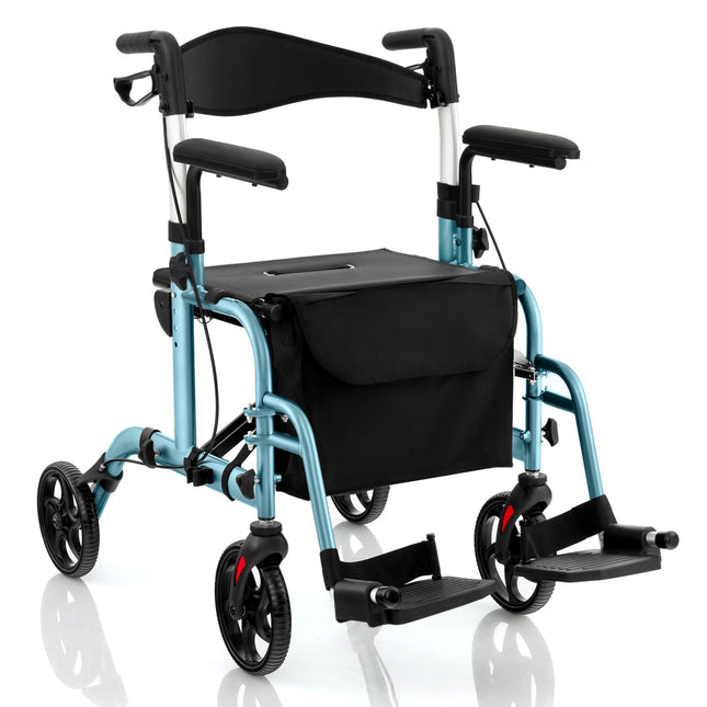 2-in-1 Rollator Walker & Transport Chair, Blue, Foldable