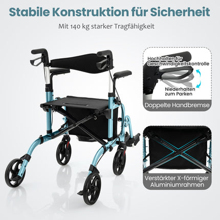 2-in-1 Rollator Walker & Transport Chair, Blue, Foldable