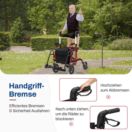 2-in-1 Rollator Walker & Transport Chair, Foldable, Red