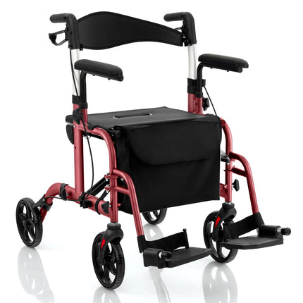 2-in-1 Rollator Walker & Transport Chair, Red, Foldable