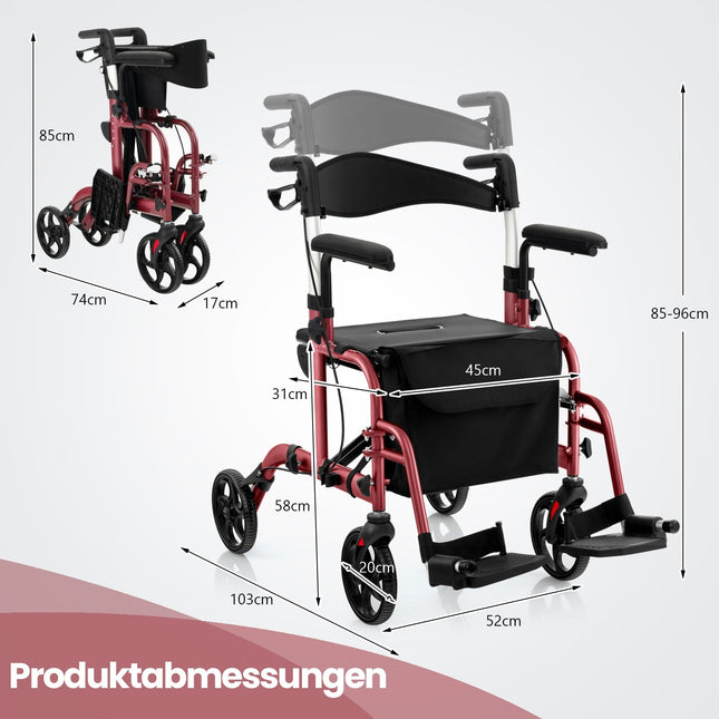 2-in-1 Rollator Walker & Transport Chair, Red, Foldable