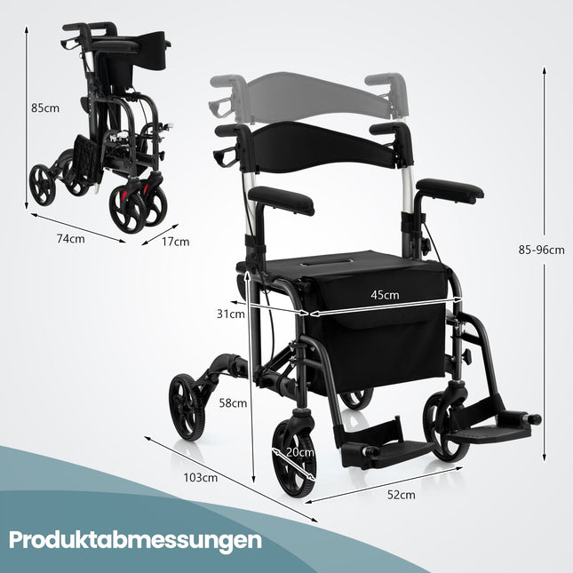 2-in-1 Rollator Walker & Wheelchair, Folding, Black