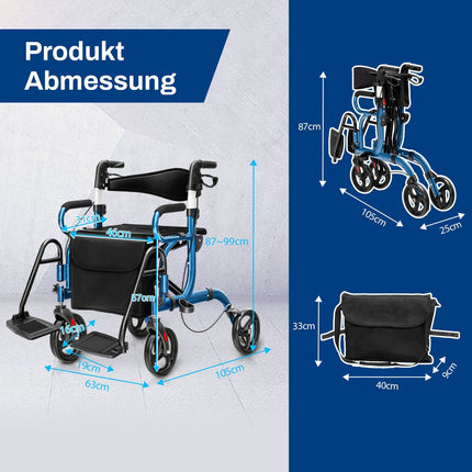 2-in-1 Rollator Walker with Seat, Foldable, Blue