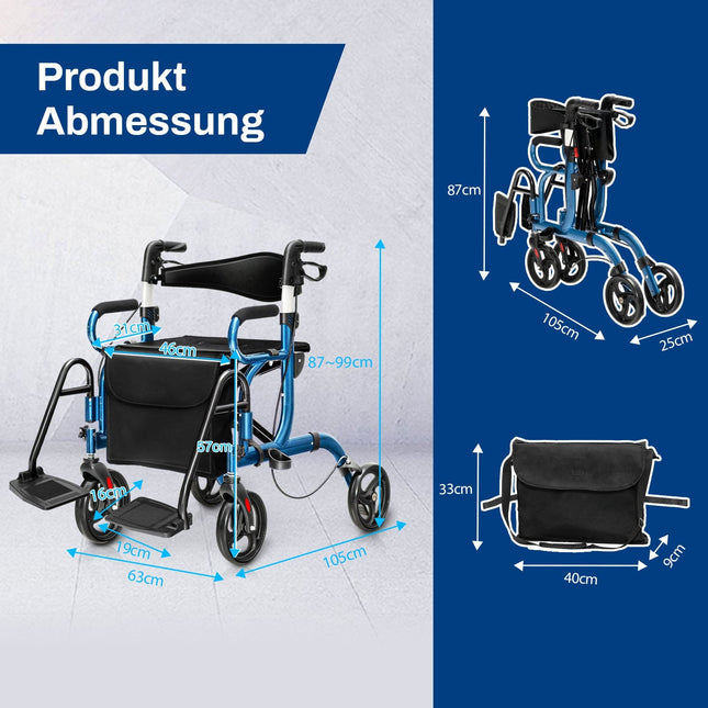 2-in-1 Rollator Walker with Seat, Foldable, Blue