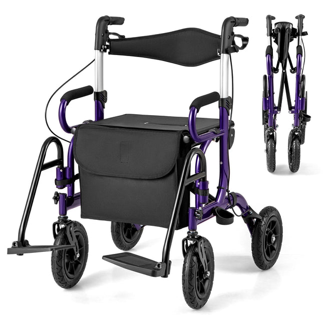 2-in-1 Rollator & Wheelchair, Foldable, 23cm Pneumatic Wheels