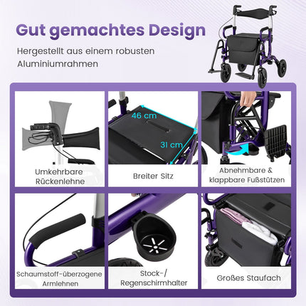2-in-1 Rollator & Wheelchair, Foldable, 23cm Pneumatic Wheels