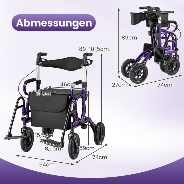 2-in-1 Rollator & Wheelchair, Foldable, 23cm Pneumatic Wheels