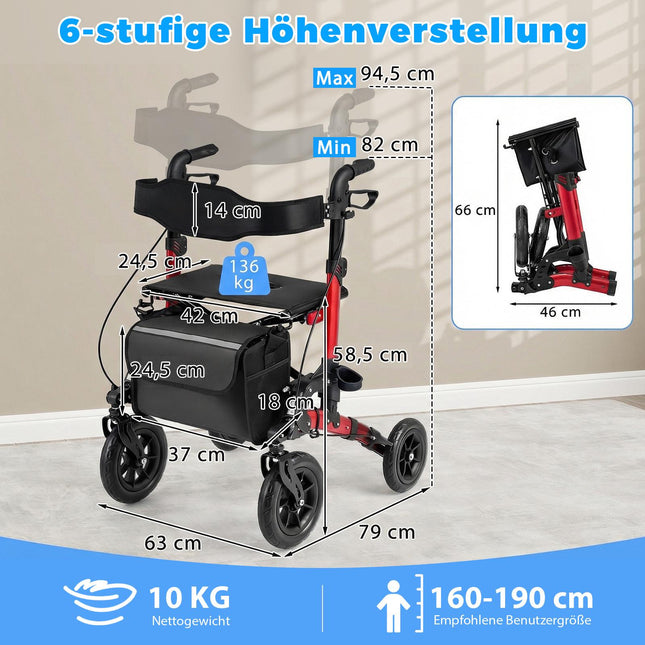 2-in-1 Rollator & Wheelchair, Foldable, Supports 136 kg