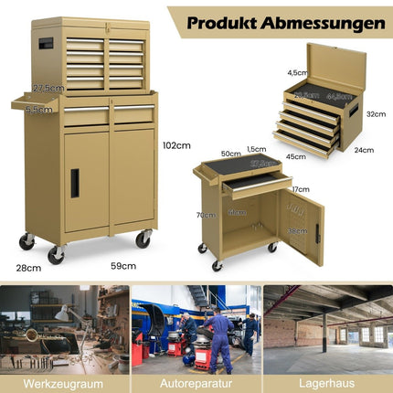2-in-1 Rolling Tool Chest with 5 Drawers, Adjustable Shelf