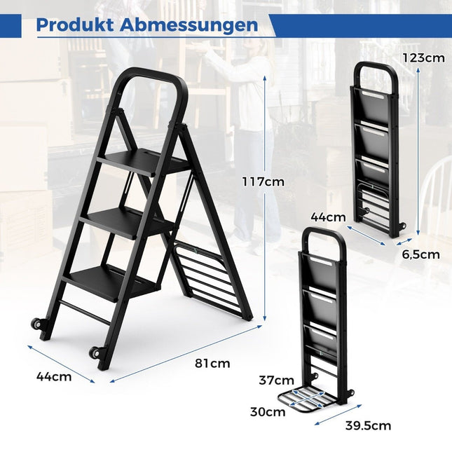 2 in 1 Sack Truck & Step Ladder Foldable 2 Wheels Handcart Metal Transport Truck Black