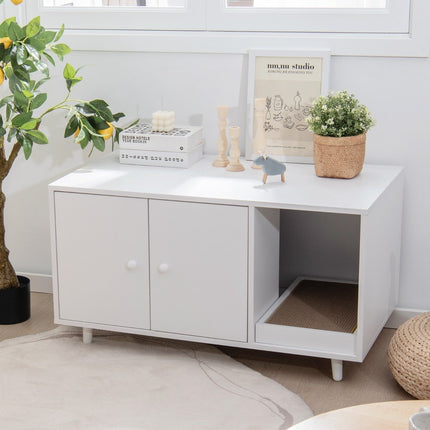 2 in 1 Side Table & Cat Cabinet with Scratching Board Cat Litter Box 90 x 50 x 50 cm Coffee Table White