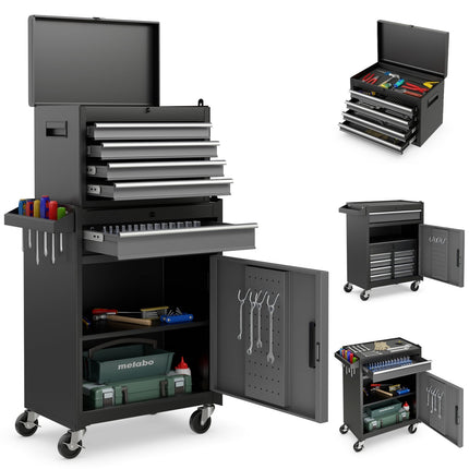 2-in-1 Tool Chest with 5 Drawers, Lockable Wheels