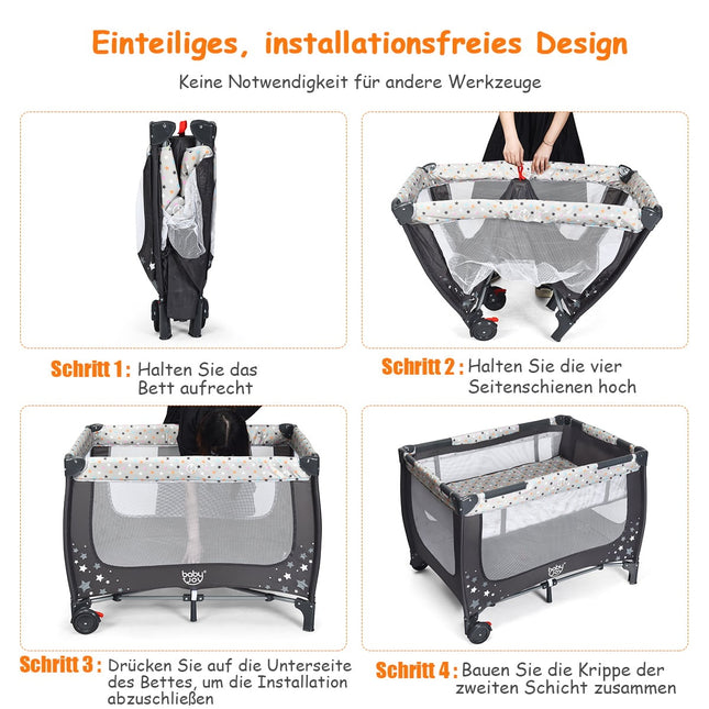 2-in-1 Travel Crib & Playpen, Foldable, 125x65x76 cm, Gray