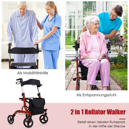 2 in 1 Travel Rollator with Seat & Bag & Stick Holder Foldable & Lightweight Red
