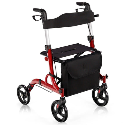 2 in 1 Travel Rollator with Seat & Bag & Stick Holder Foldable & Lightweight Red