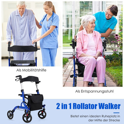2-in-1 Walker & Rollator with Seat, Bag, Dual Brakes