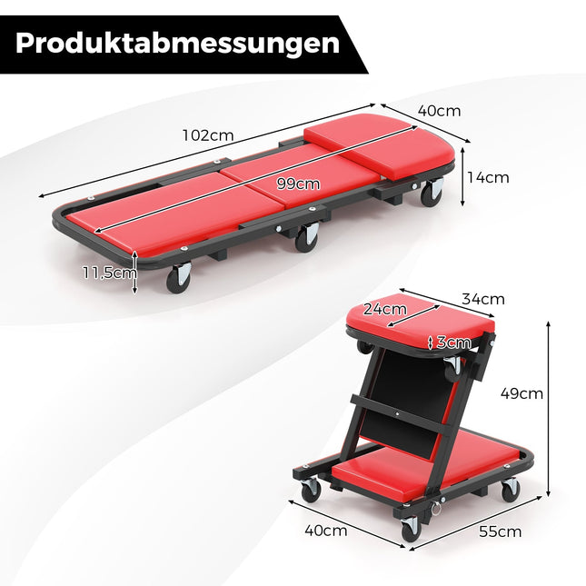 2-in-1 Workshop Creeper Seat, 160kg Capacity, Red