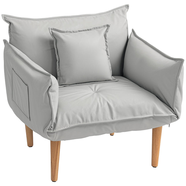 2-in-1 fauteuil, loungestoel met kussen, vloerstoel met verstelbare rugleuning, gecapitonneerde gestoffeerde fauteuil, enkele fauteuil voor woonkamer, microvezeldoek, lichtgrijs