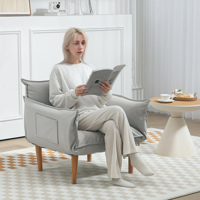 2-in-1 fauteuil, loungestoel met kussen, vloerstoel met verstelbare rugleuning, gecapitonneerde gestoffeerde fauteuil, enkele fauteuil voor woonkamer, microvezeldoek, lichtgrijs