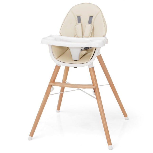 2 in 1 baby high chair made of beech wood with 5-point safety belt & double tray beige