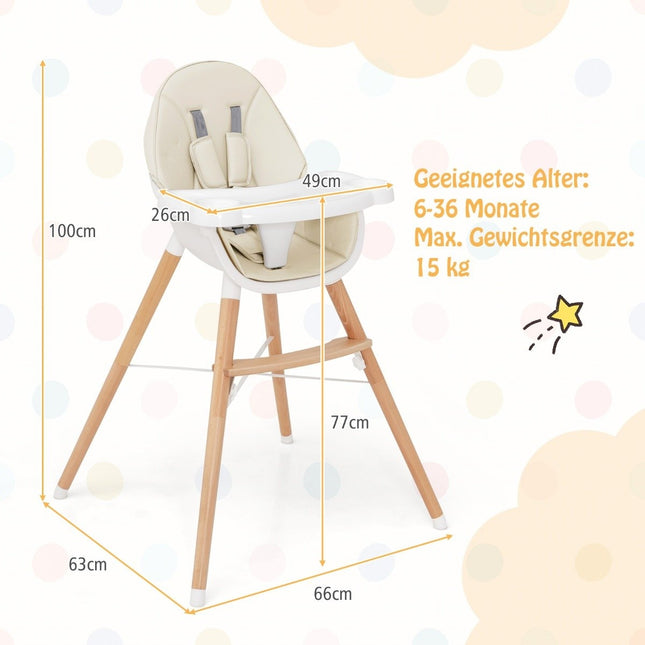 2 in 1 baby high chair made of beech wood with 5-point safety belt & double tray beige