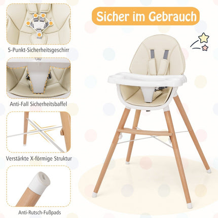 2 in 1 baby high chair made of beech wood with 5-point safety belt & double tray beige