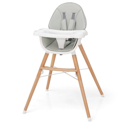 2 in 1 baby high chair made of beech wood with 5-point safety belt & double tray gray