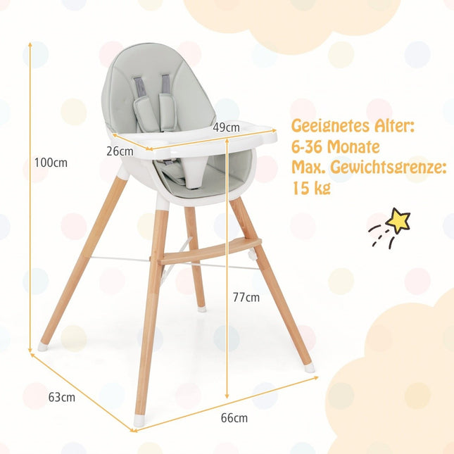 2 in 1 baby high chair made of beech wood with 5-point safety belt & double tray gray