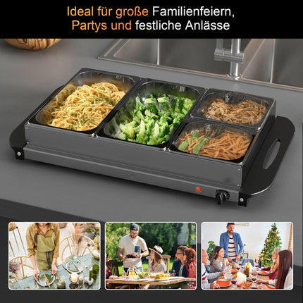 2-in-1 buffetwarmer 6,8L warmhoudplaat 300 Watt roestvrij staal voedselwarmer zilver