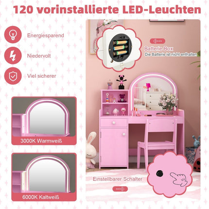 2 in 1 children's dressing table set with stool & LED lights & mirror & drawer cosmetic table pink