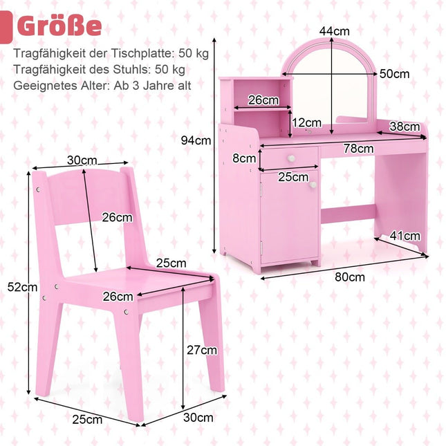 2 in 1 children's dressing table set with stool & LED lights & mirror & drawer cosmetic table pink