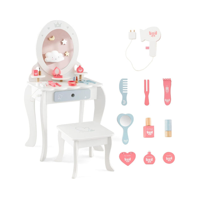2 in 1 children's dressing table set with stool & removable mirror & drawers & accessories
