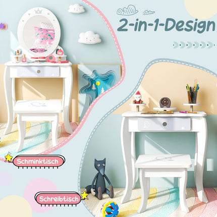 2 in 1 children's dressing table set with stool & removable mirror & drawers & accessories