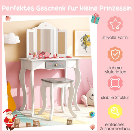 2 in 1 children's dressing table + stool with folding mirror & drawer & accessories
